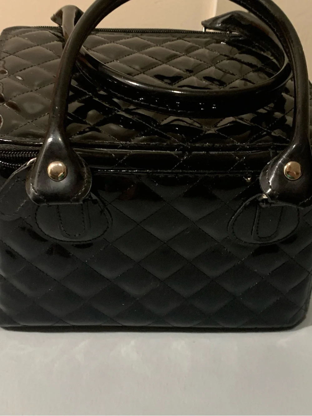 Black Quilted Patent Cosmetic Train Case with Double Handles
